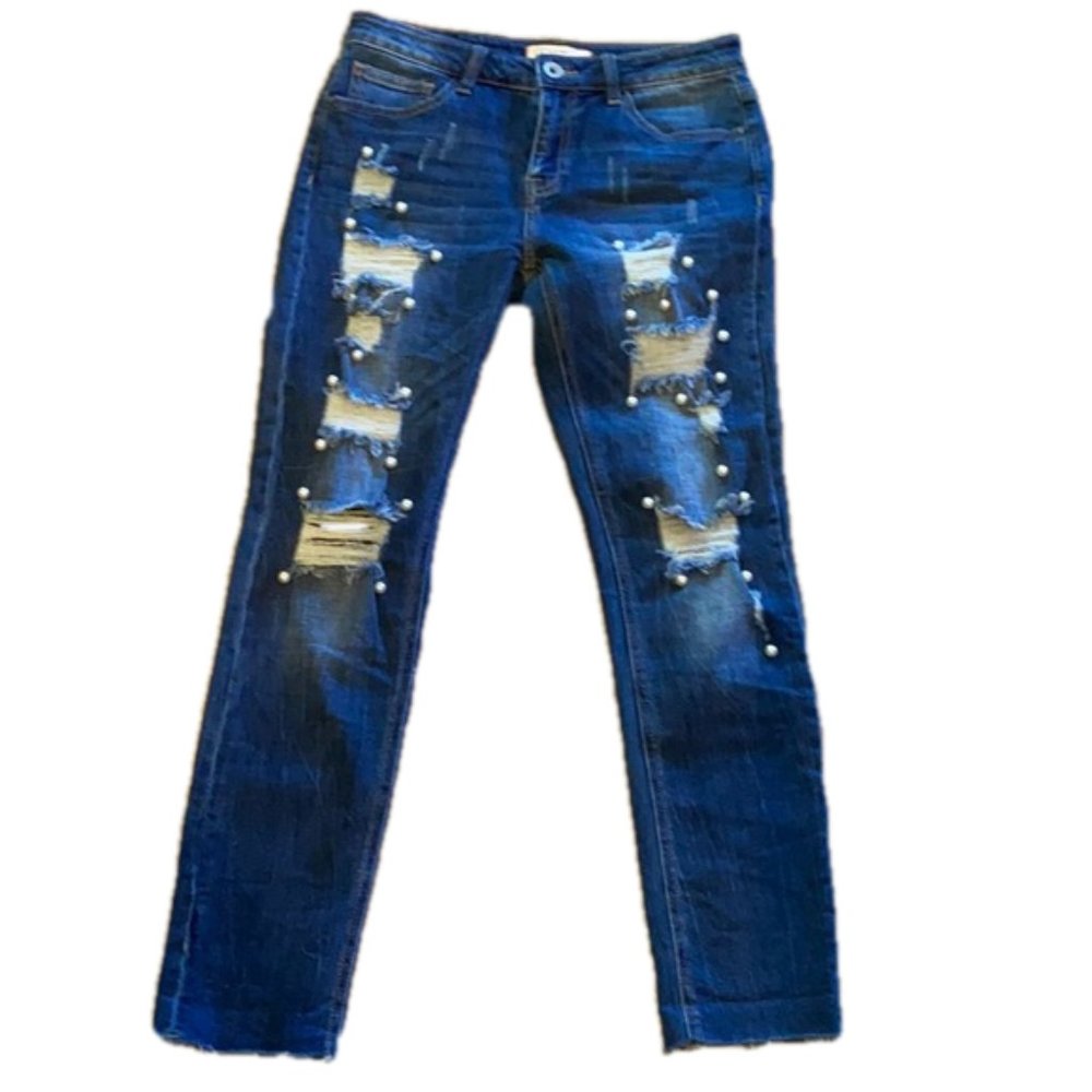 Q2 Jeans Beaded Laced Destroyed Design Ankle